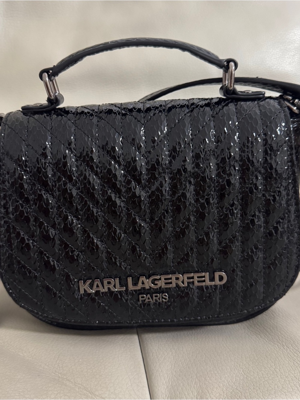 Karl Lagerfeld Black Patent Snake-Embossed Crossbody Top Handle Bag